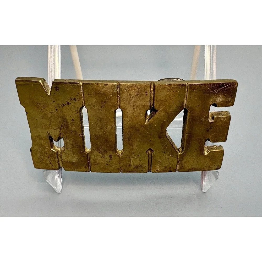 Vintage men's name solid brass belt Baron buckle Mike Taiwan 1970's #4003
